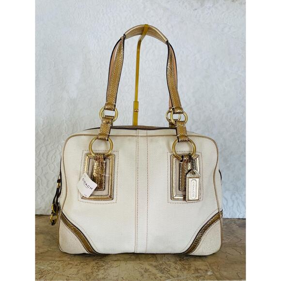 NWT Coach 10737 Legacy Soho Canvas Cream/Gold Python Satchelt Tote Bag Satchel - Picture 1 of 12